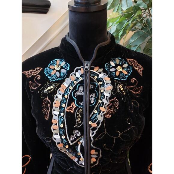 Harve Benard Womens Black Velvet Floral Embroidered Sequin Zip Blazer Jacket 10P - Picture 2 of 14